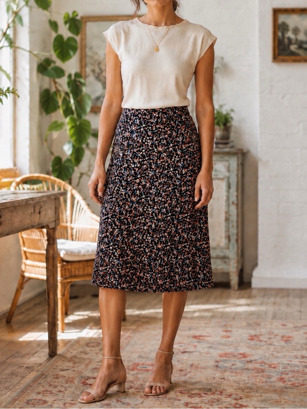 NEW Loft Skirt Black Multicolor Floral A-Line Midi Mid Rise Medium Petite MP